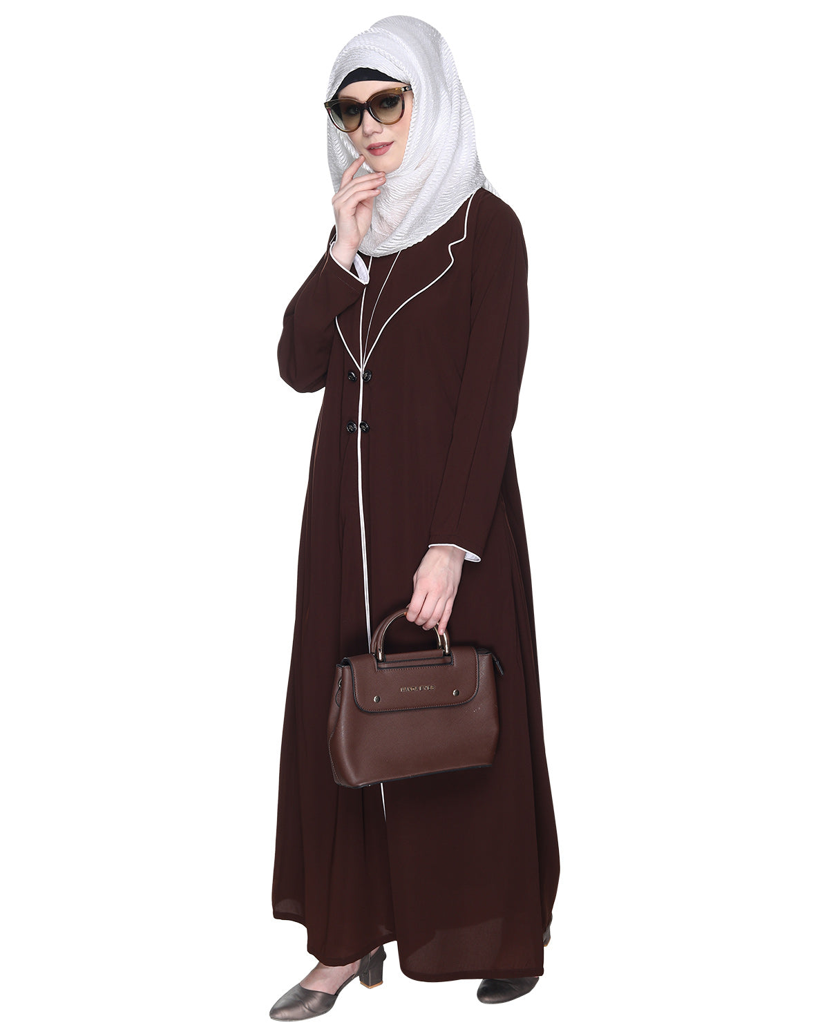 Stylish Coat Style Abaya With White Piping Black