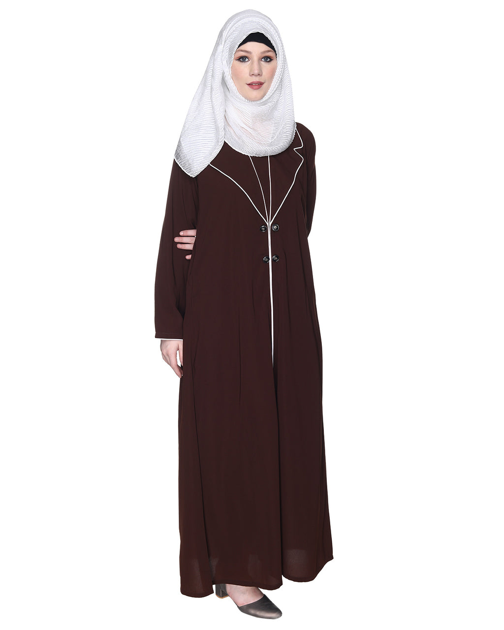 Stylish Coat Style Abaya With White Piping Brown