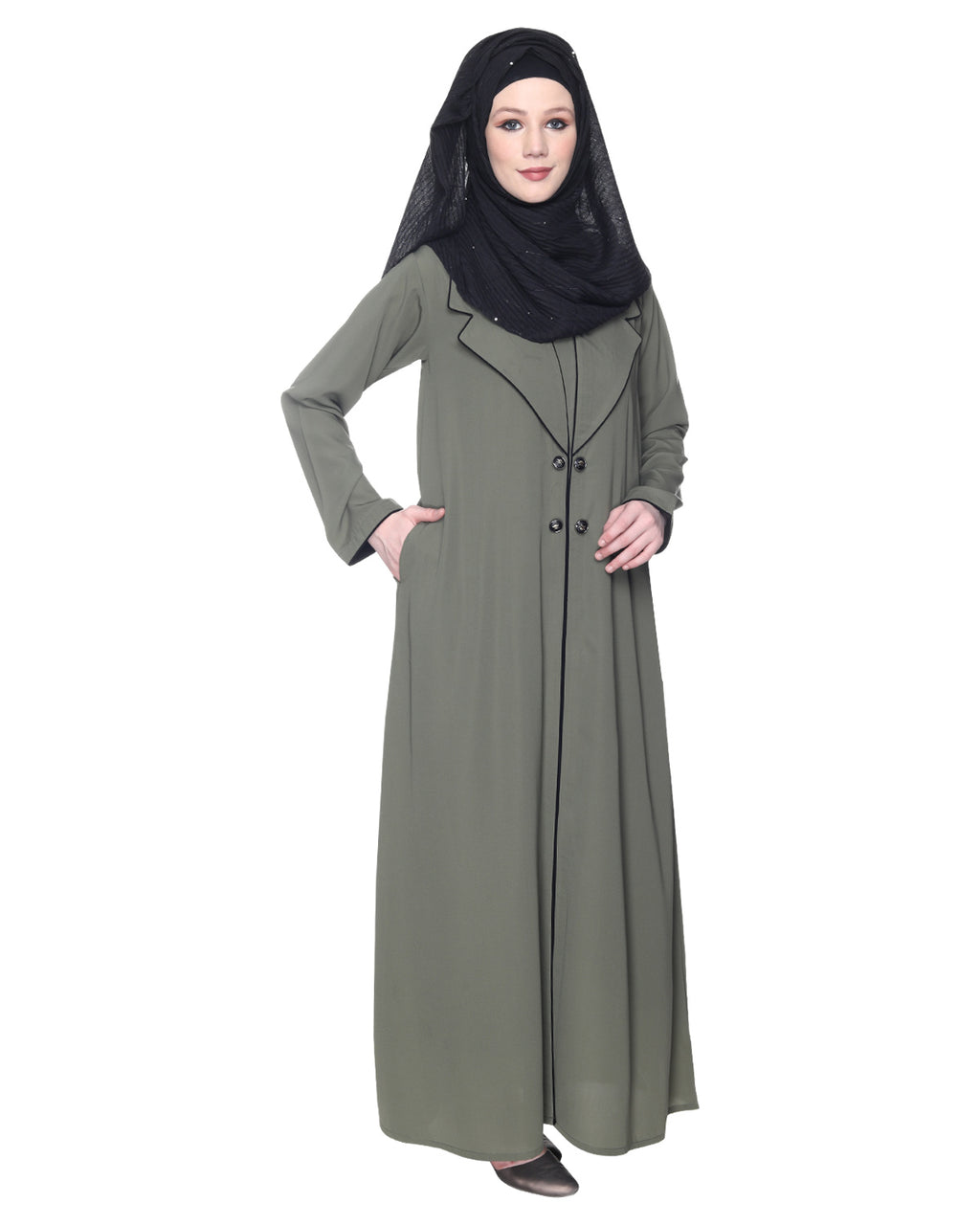 Stylish Coat Style Abaya With White Piping Dead Mint