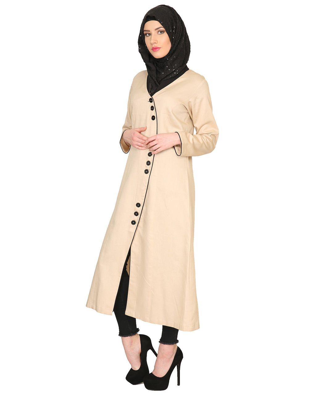 Mid-Calf Coat Style Abaya with Black Detailing Beige