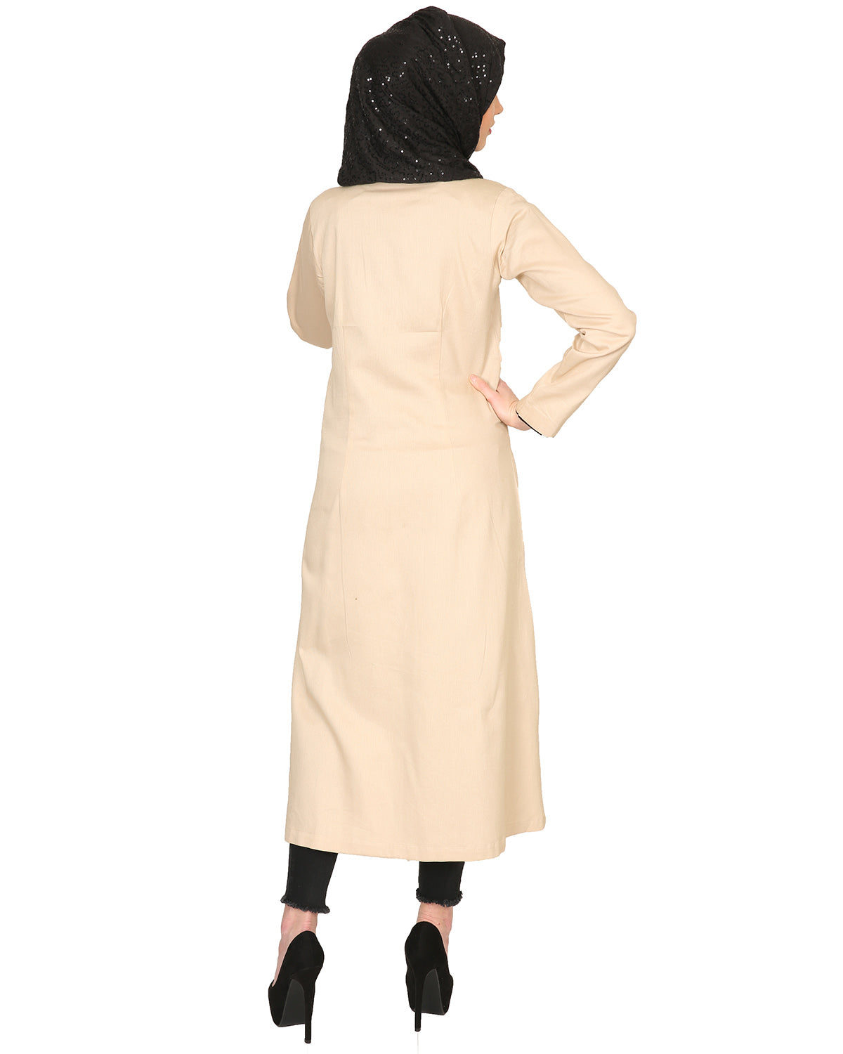 Mid-Calf Coat Style Abaya with Black Detailing Beige