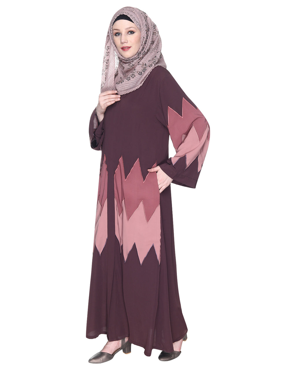 Zig Zag Style Imperial Purple Abaya With Shaded Embroidered Panels