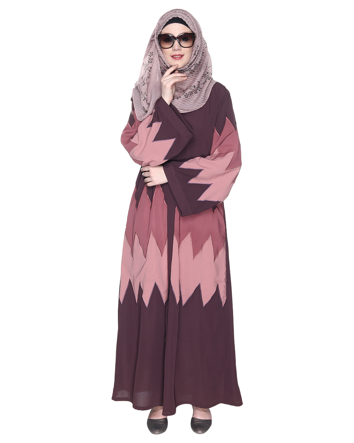 Zig Zag Style Imperial Purple Abaya With Shaded Embroidered Panels Purple