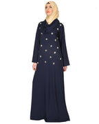 Cowl Neck And Elegant Crystal Hand Embroidered Abaya Navy Blue