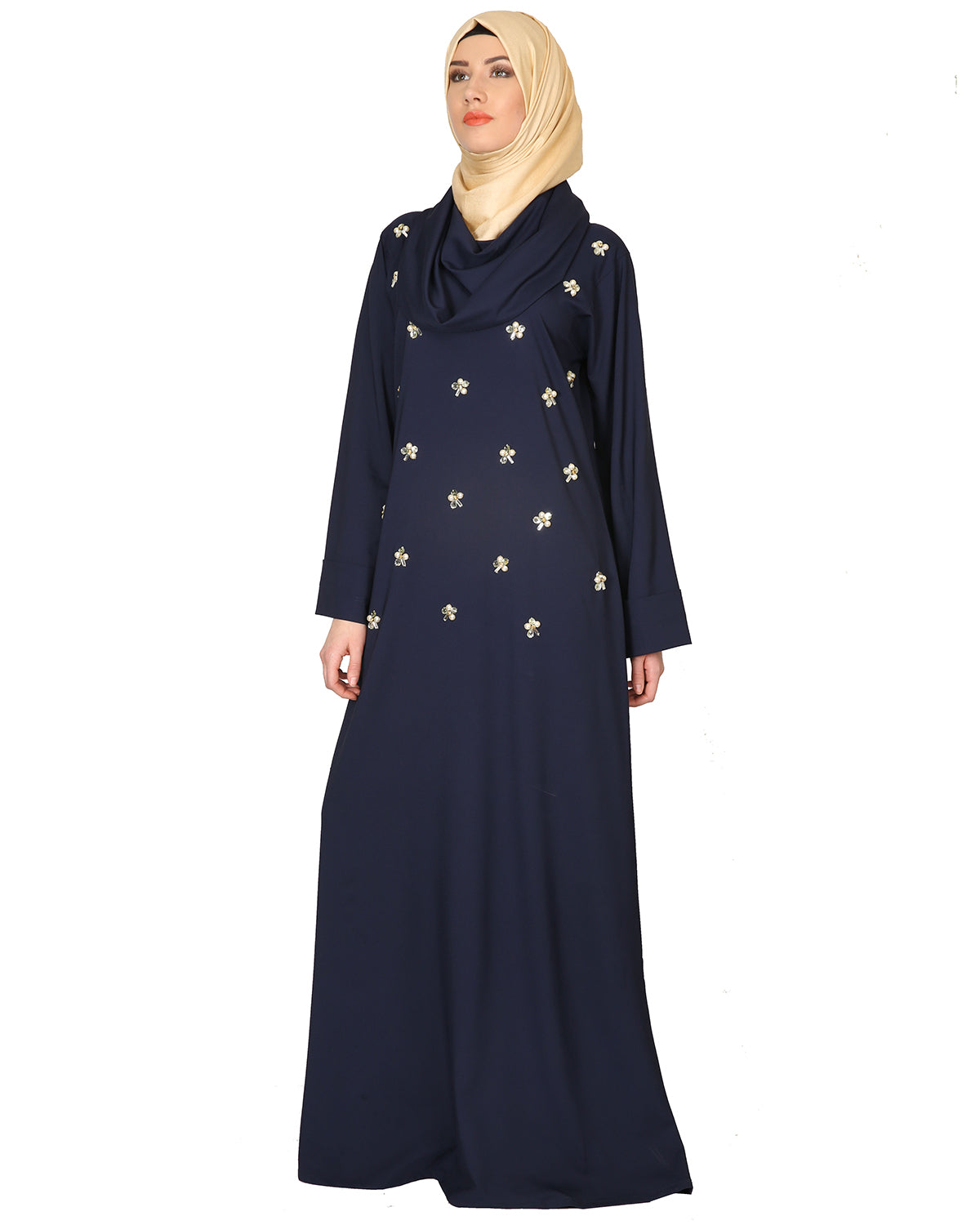 Cowl Neck And Elegant Crystal Hand Embroidered Abaya Navy Blue