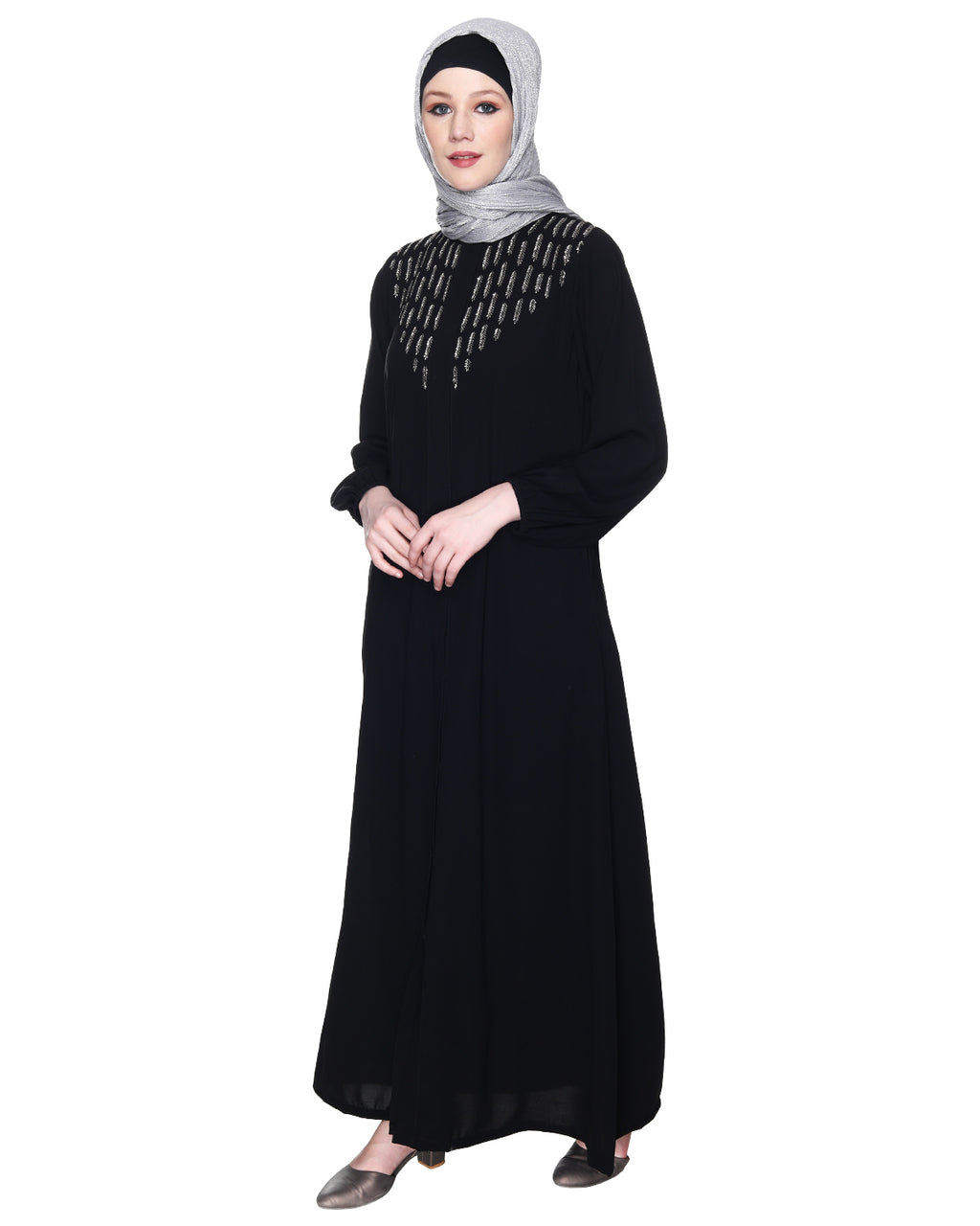 Abaya With Flashy Metallic Beads Embroidery Black