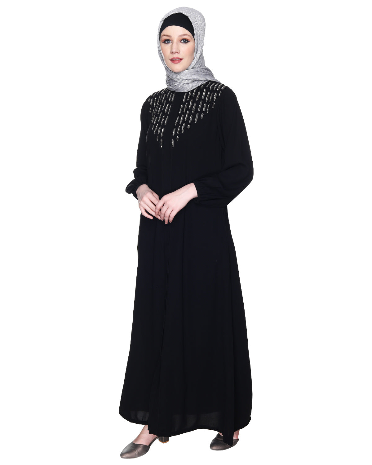Abaya With Flashy Metallic Beads Embroidery Black
