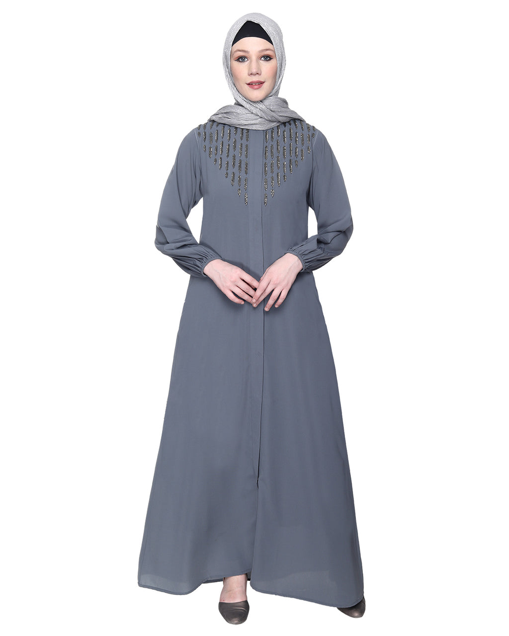 Abaya With Flashy Metallic Beads Embroidery Grey