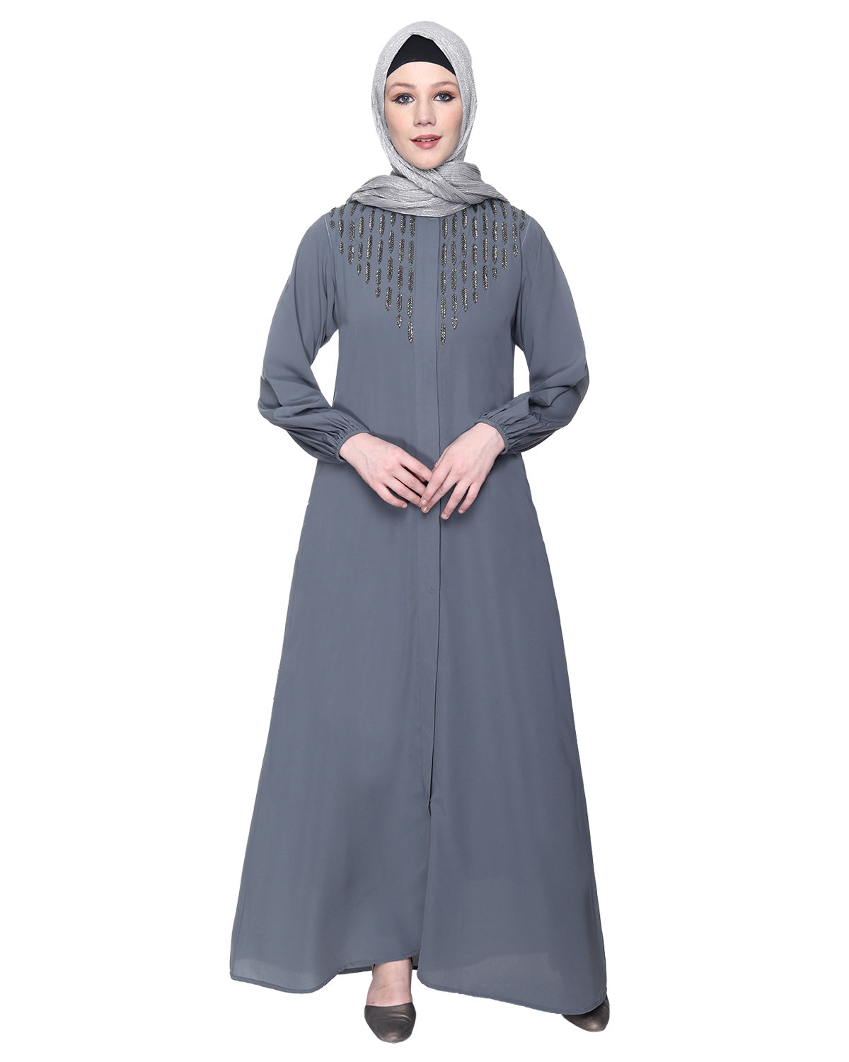 Abaya With Flashy Metallic Beads Embroidery Grey