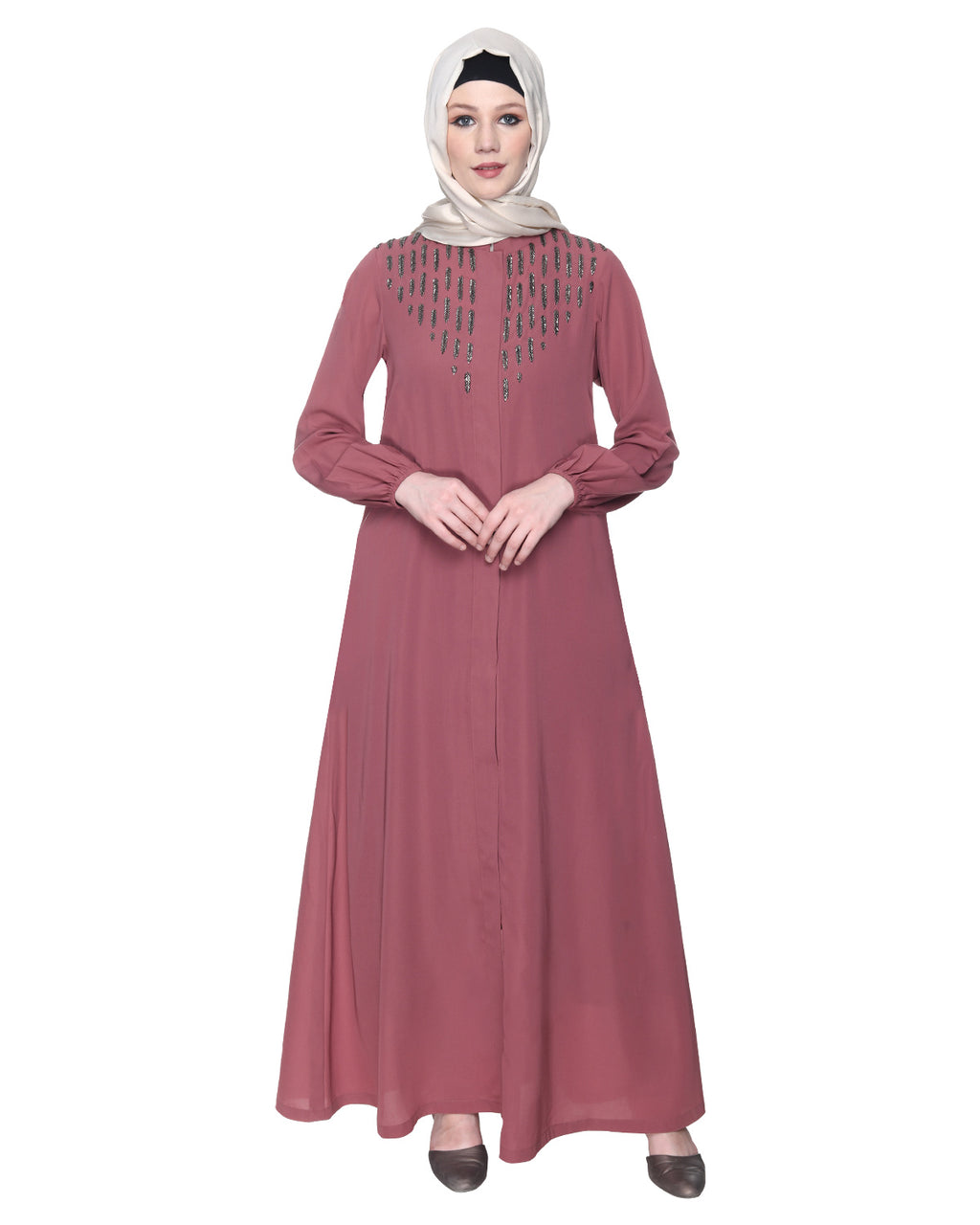Abaya With Flashy Metallic Beads Embroidery Onion Pink