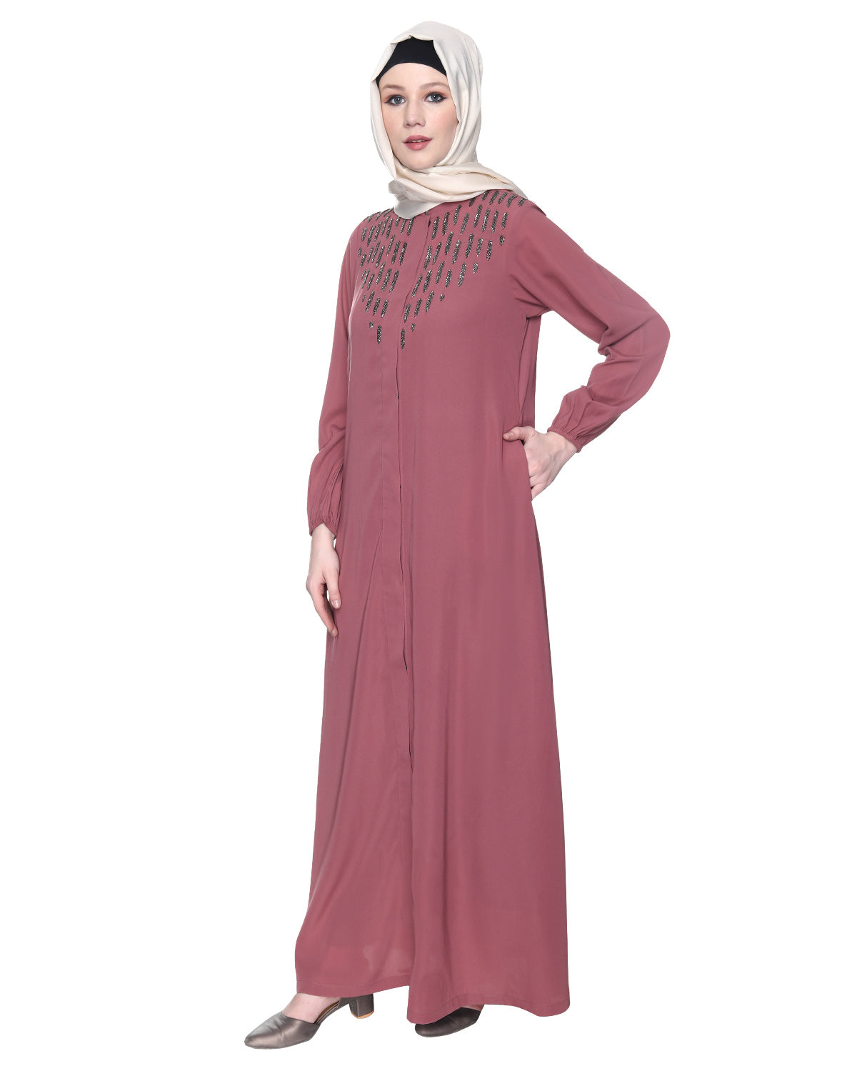 Abaya With Flashy Metallic Beads Embroidery Onion Pink