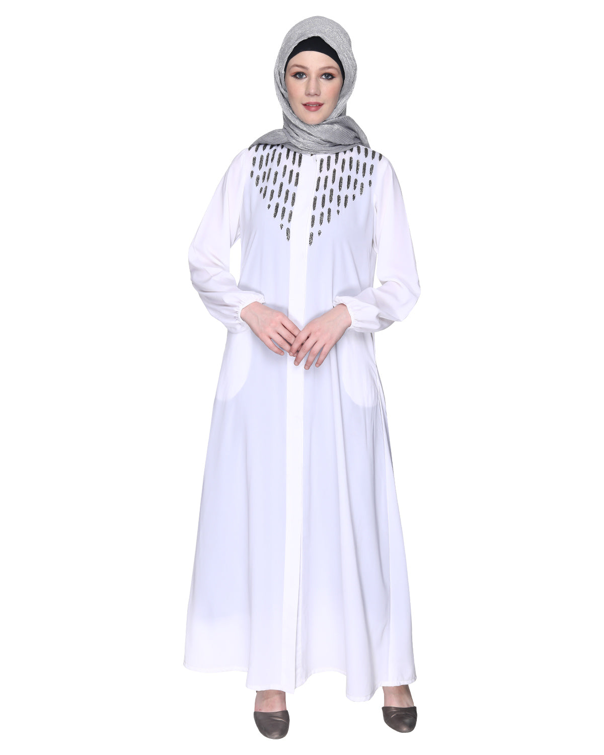 Abaya With Flashy Metallic Beads Embroidery White