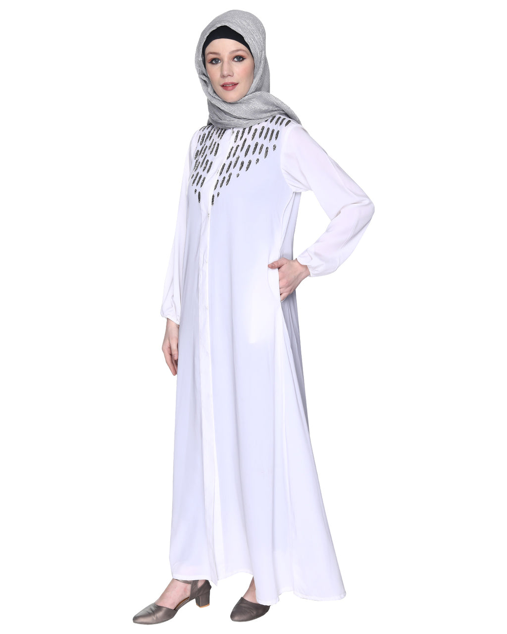 Abaya With Flashy Metallic Beads Embroidery White