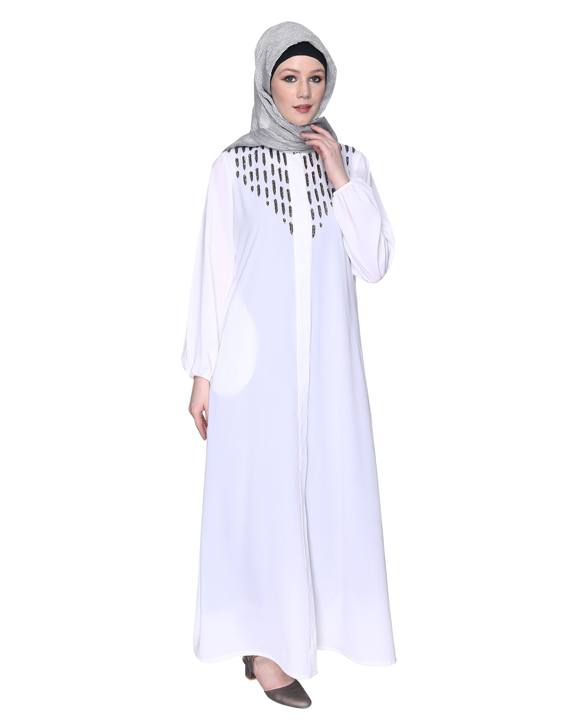 Abaya With Flashy Metallic Beads Embroidery White