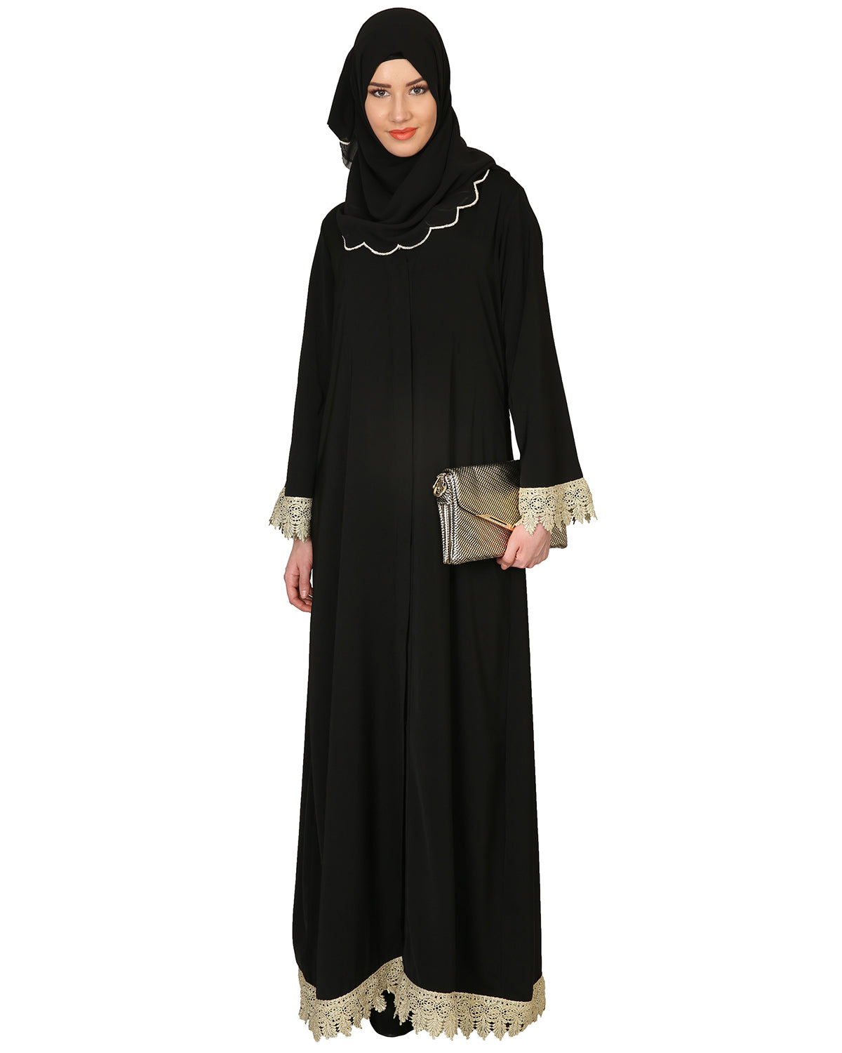 Classic Black Abaya With Gold Trimmings Black