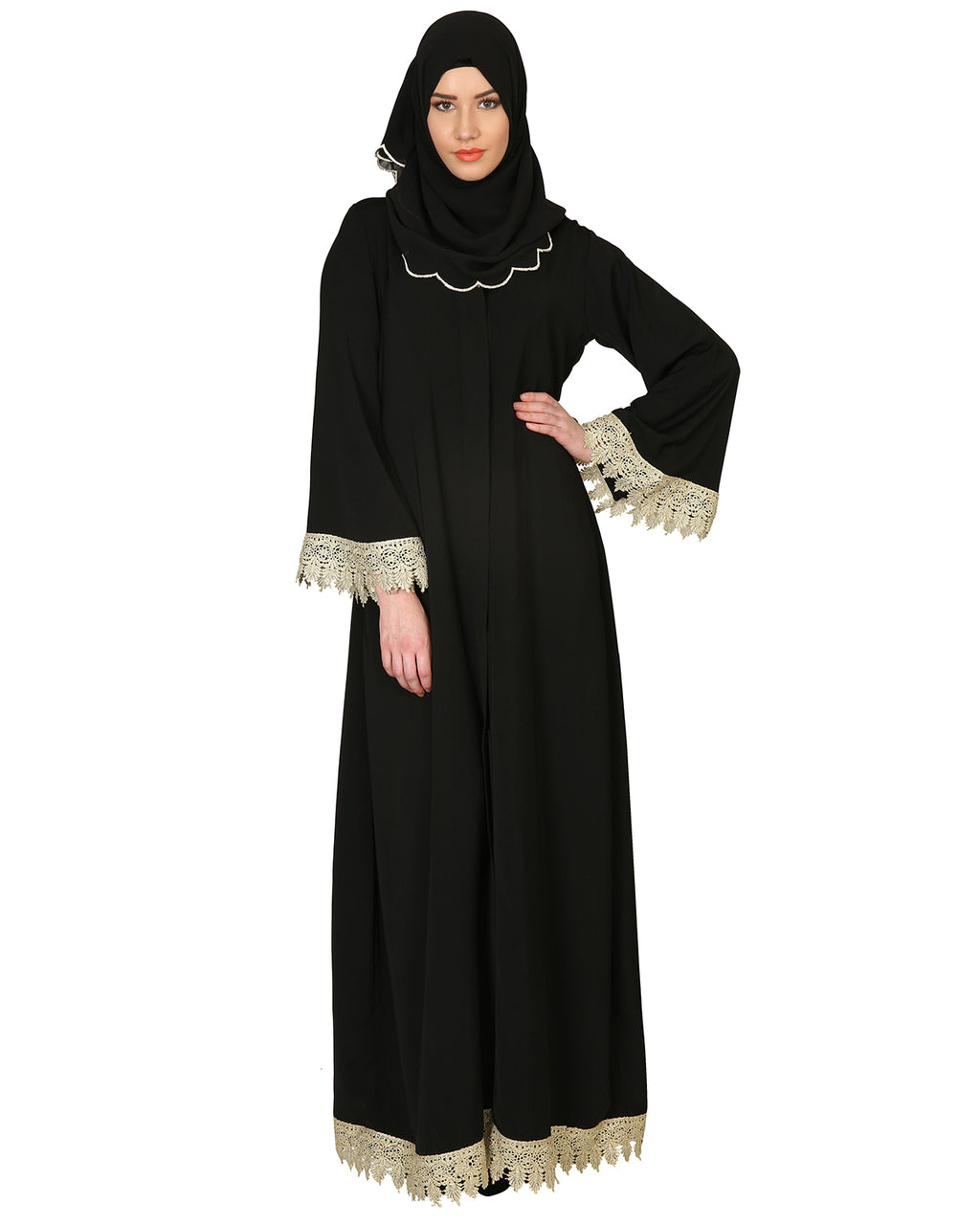 Classic Black Abaya With Gold Trimmings Black