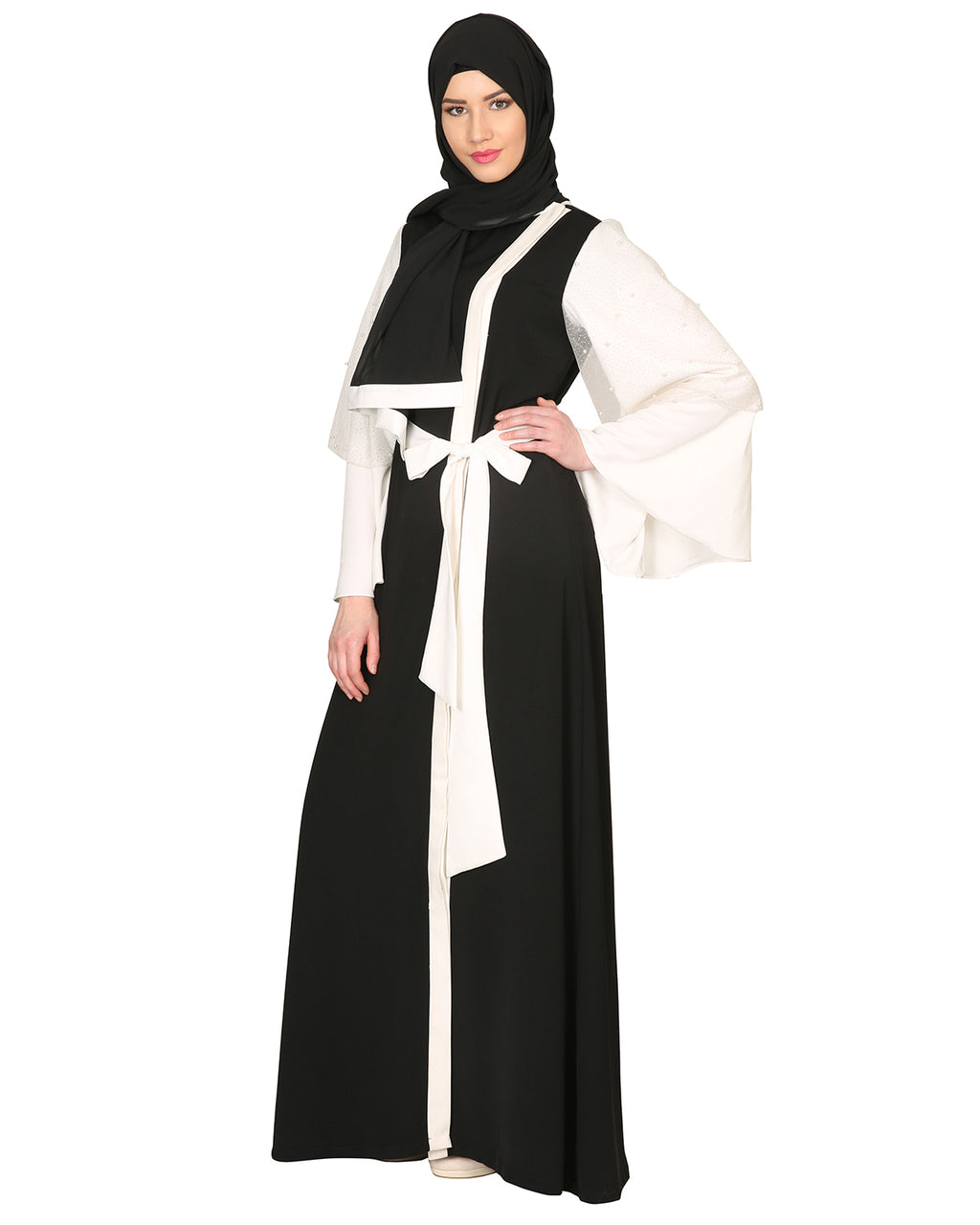 Double Layered Pearl Embellished Sleeves Abaya Black