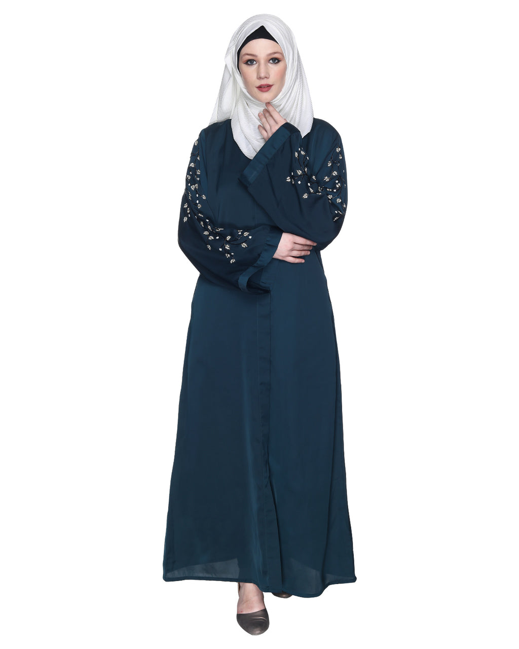 Enchanting Abaya With Sparkling Hand-Embroidered Sleeves Bottle Green