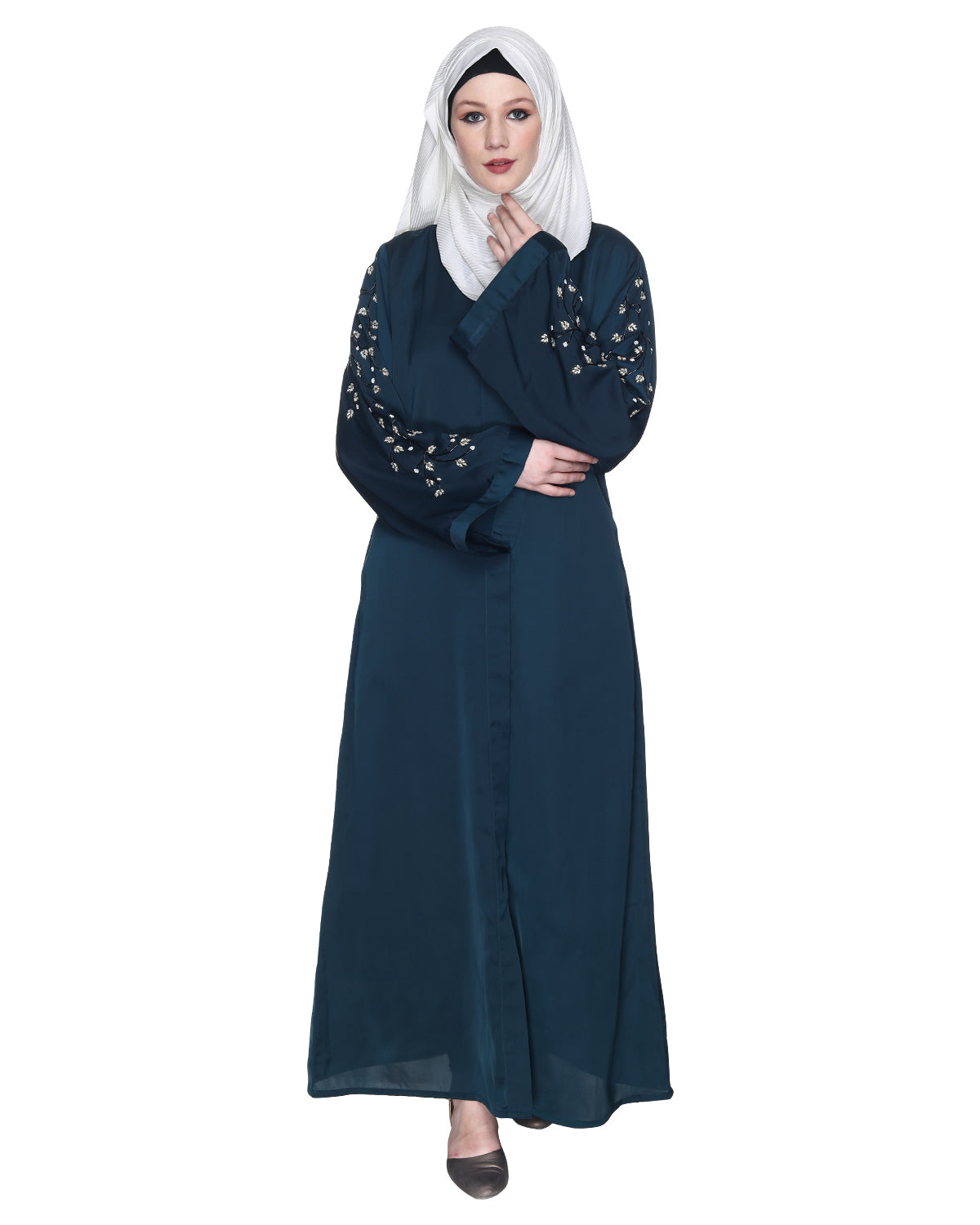 Enchanting Abaya With Sparkling Hand-Embroidered Sleeves Bottle Green