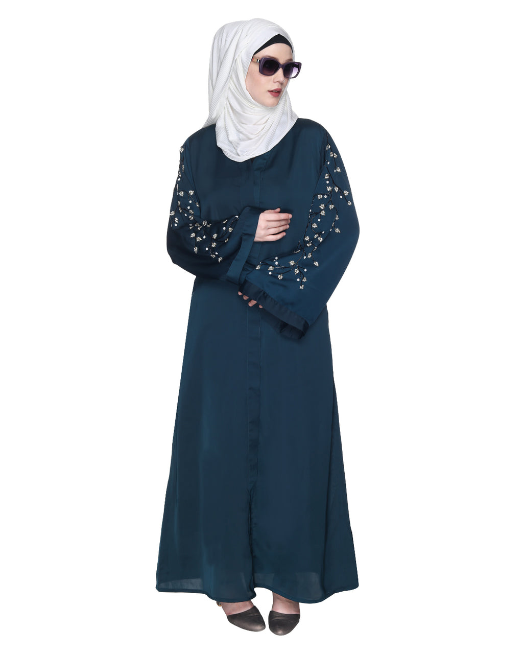 Enchanting Abaya With Sparkling Hand-Embroidered Sleeves Bottle Green