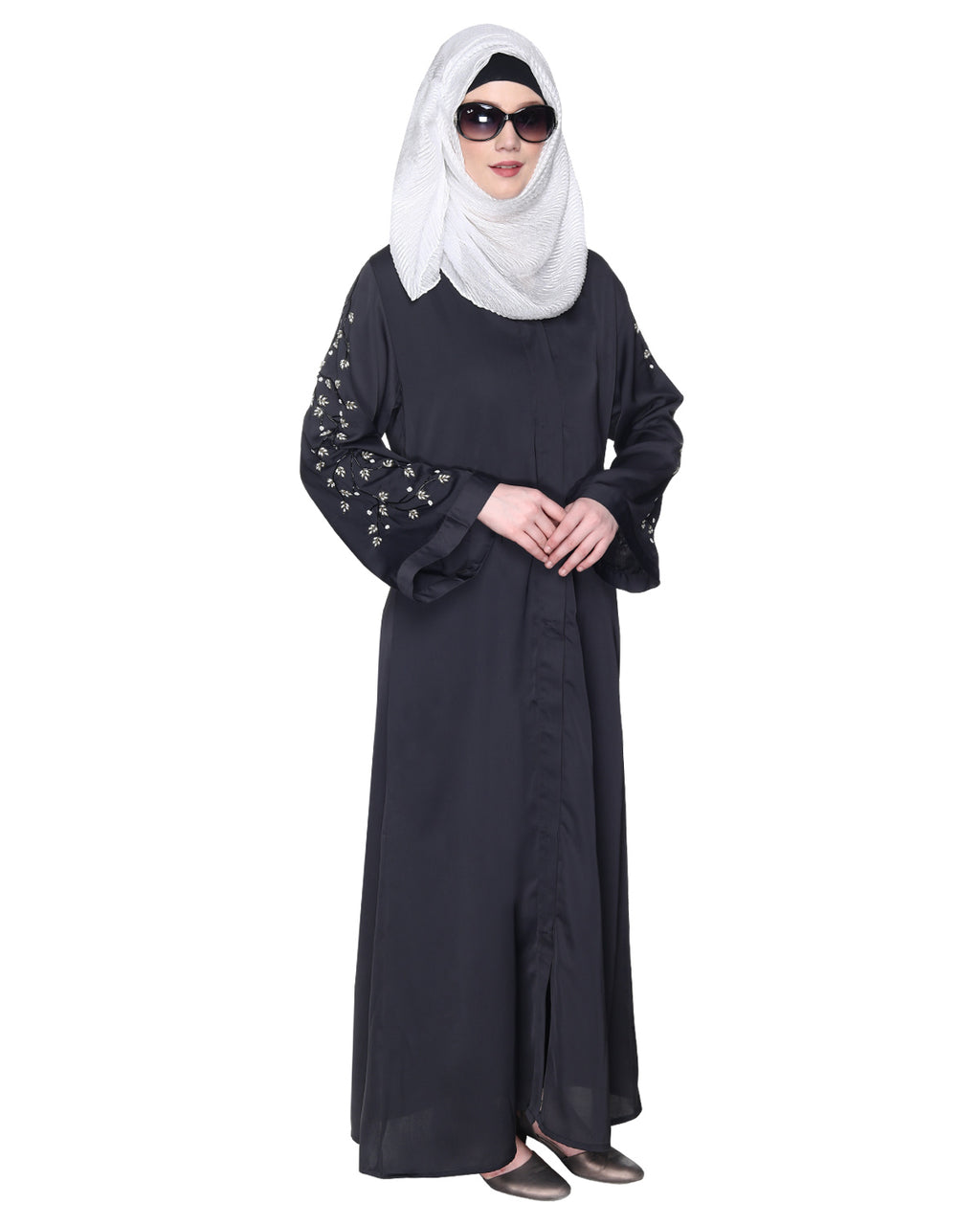 Enchanting Abaya With Sparkling Hand-Embroidered Sleeves Dark Green
