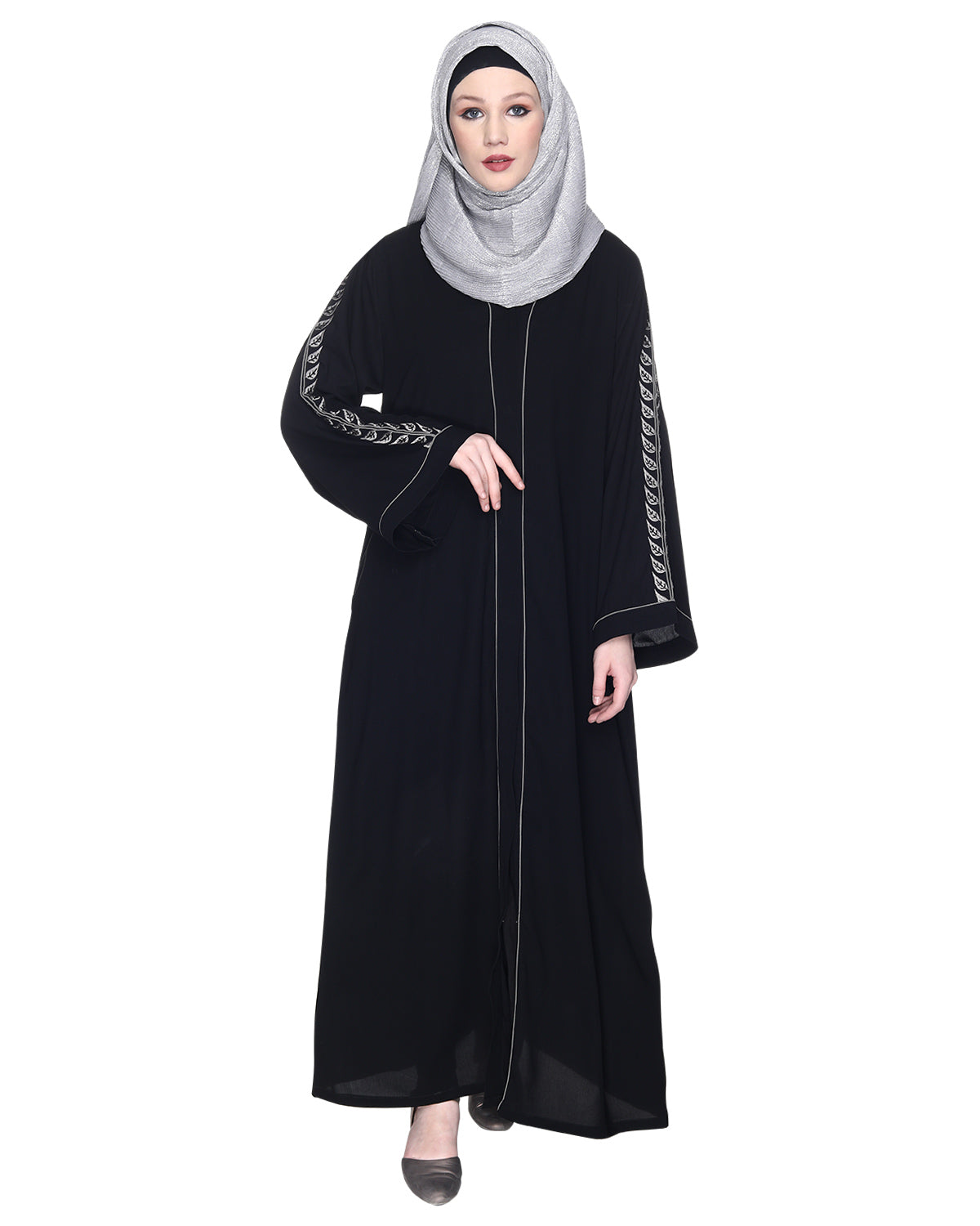 Formal Abaya With Gleaming Embroidered Sleeves Black