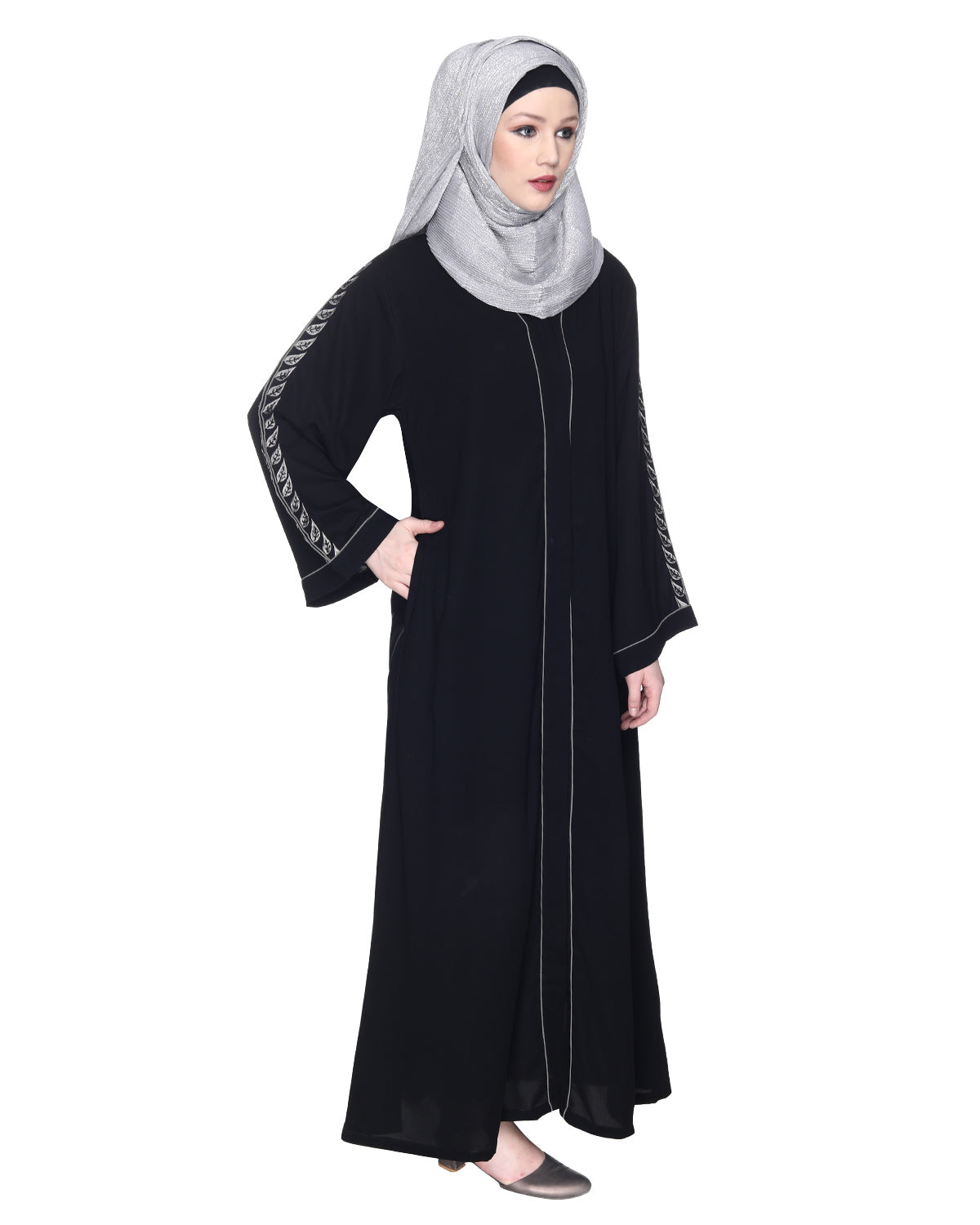 Formal Abaya With Gleaming Embroidered Sleeves Black
