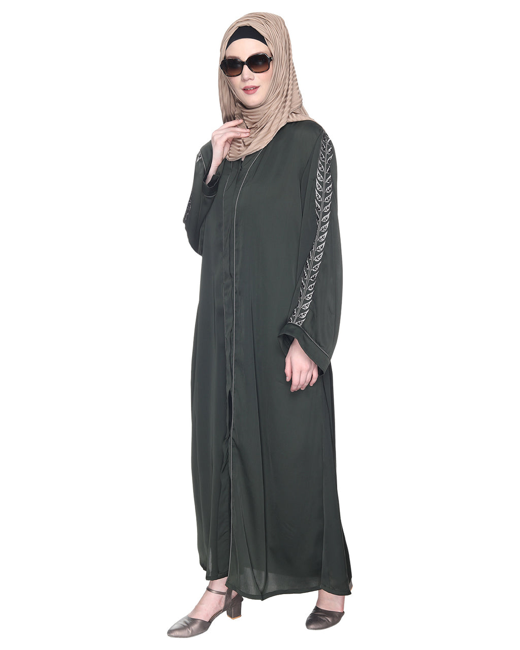 Formal Abaya With Gleaming Embroidered Sleeves Olive Green