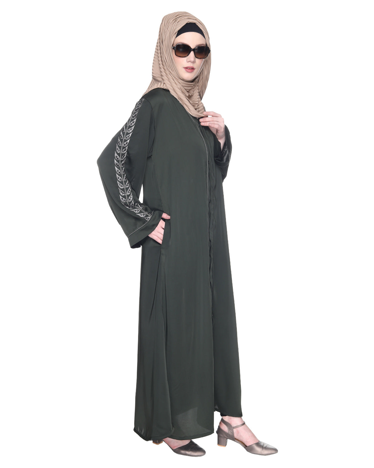 Formal Abaya With Gleaming Embroidered Sleeves Olive Green