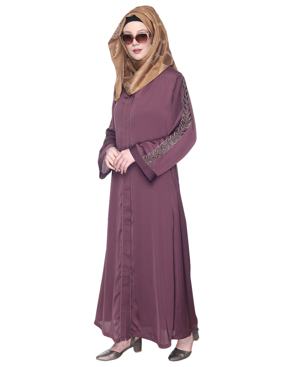 Formal Abaya With Gleaming Embroidered Sleeves Purple