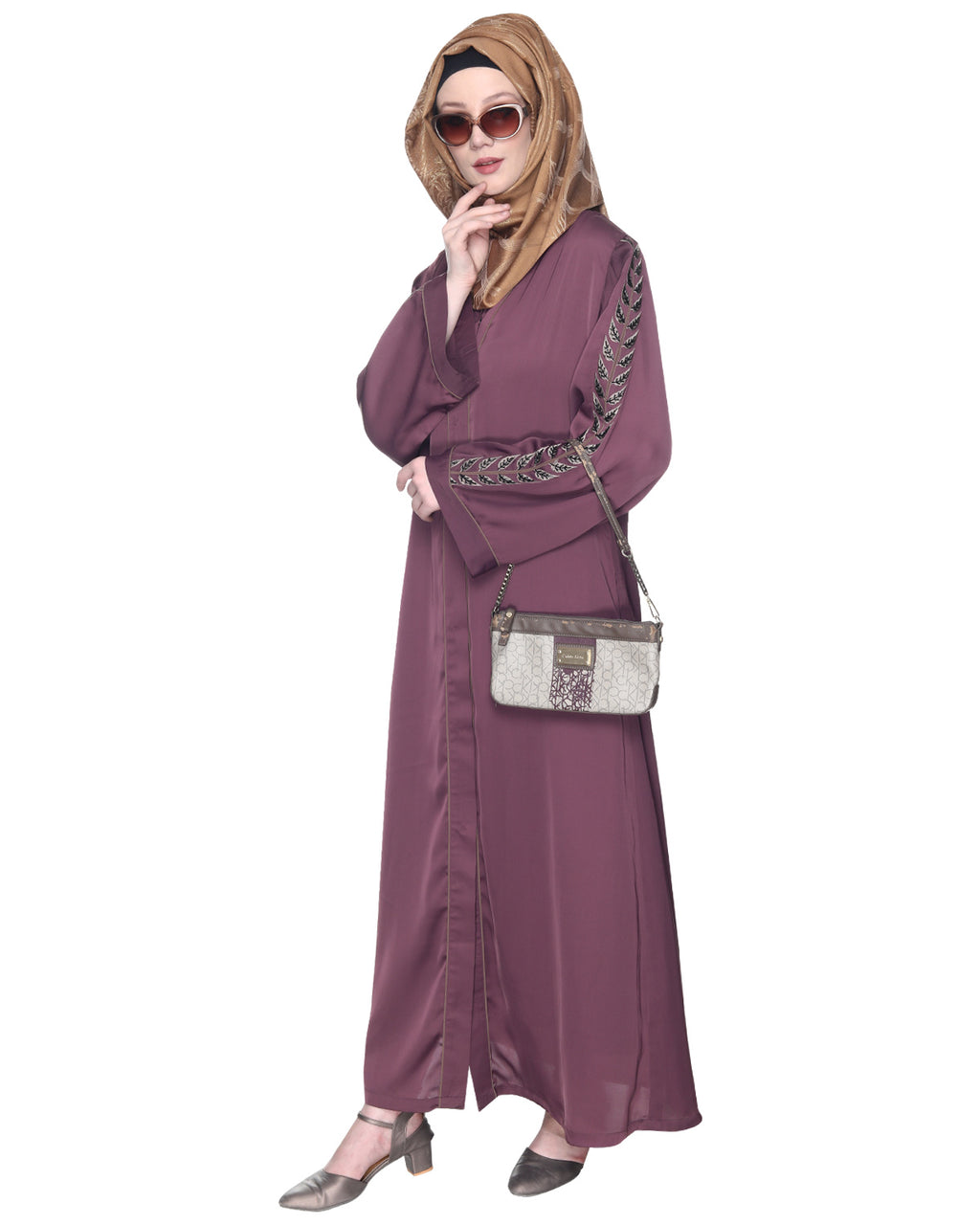 Formal Abaya With Gleaming Embroidered Sleeves Purple