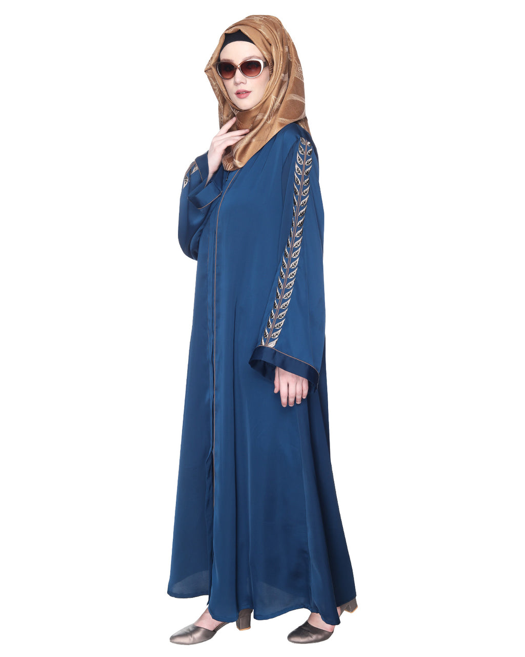 Formal Abaya With Gleaming Embroidered Sleeves Teal Blue