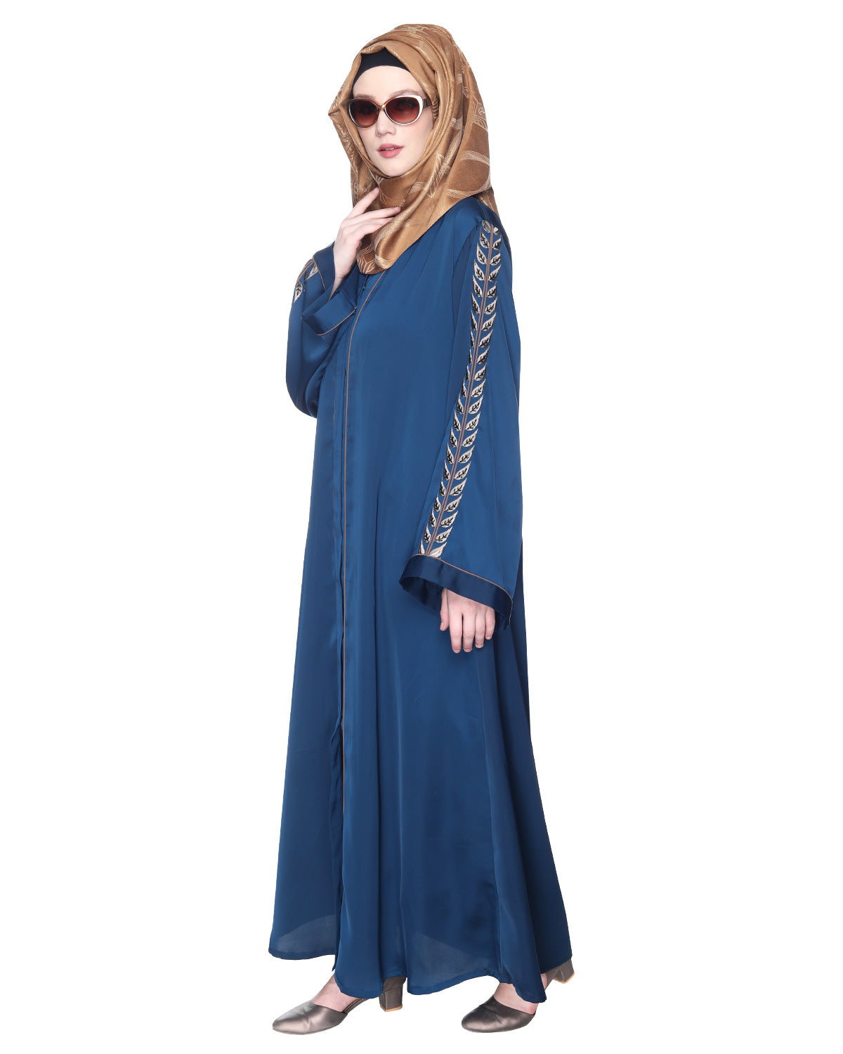 Formal Abaya With Gleaming Embroidered Sleeves Teal Blue