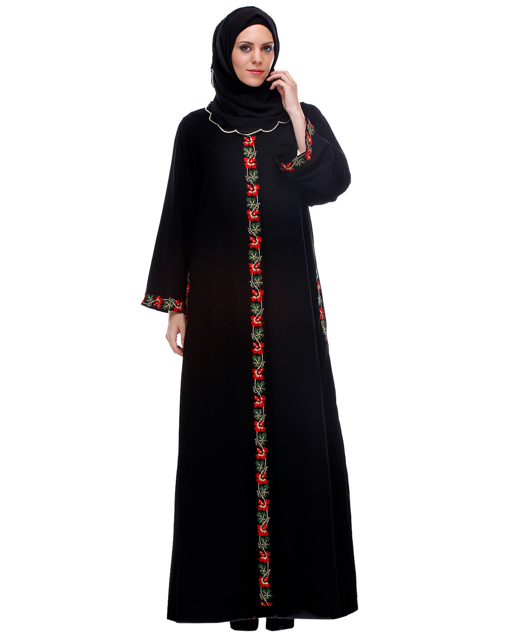 Black Abaya With Multi Coloured Thread Vertical Embroidery Black
