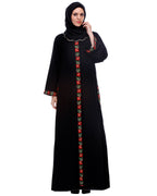 Black Abaya With Multi Coloured Thread Vertical Embroidery Black