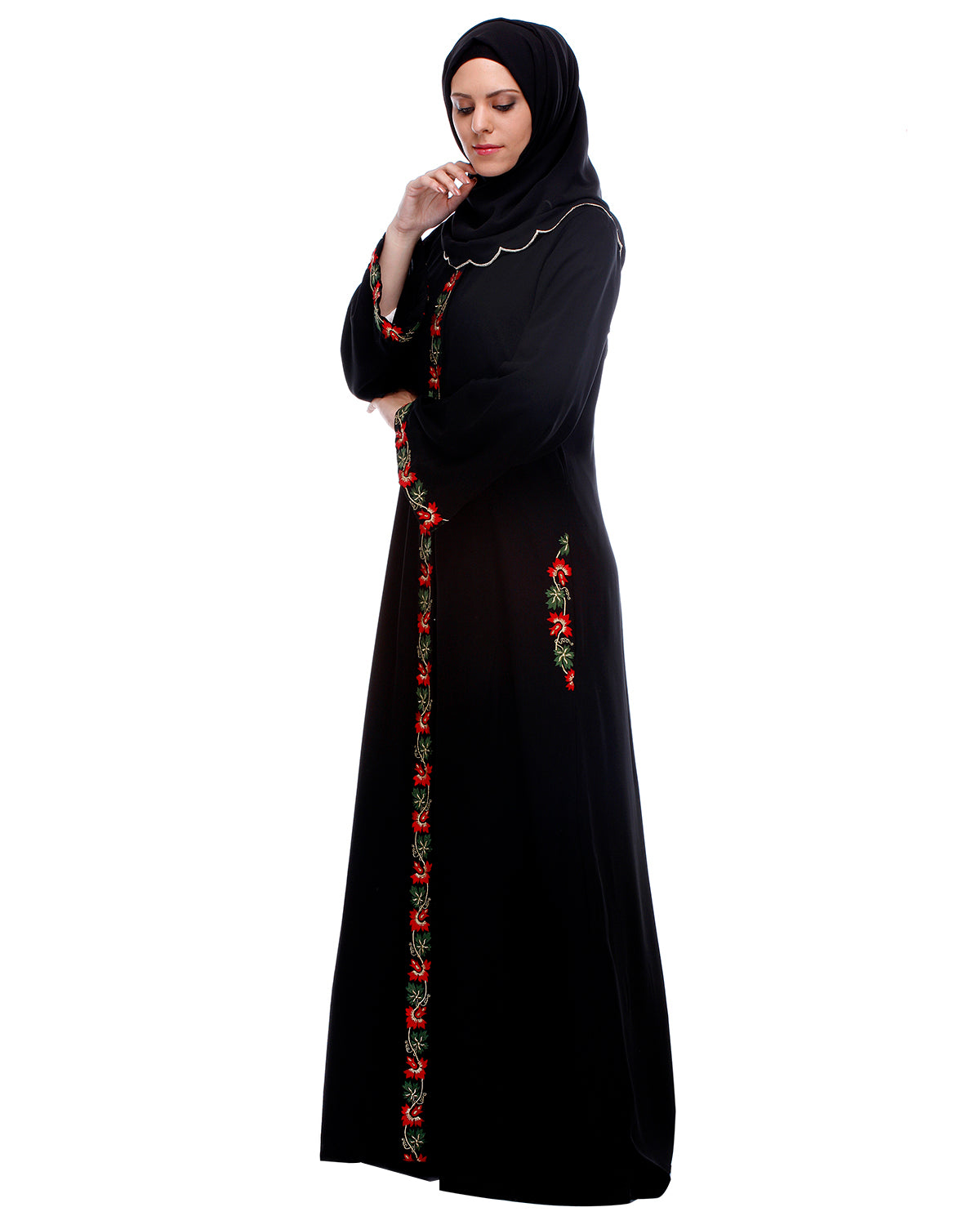 Black Abaya With Multi Coloured Thread Vertical Embroidery Black