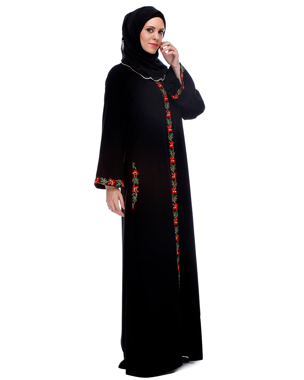 Black Abaya With Multi Coloured Thread Vertical Embroidery Black