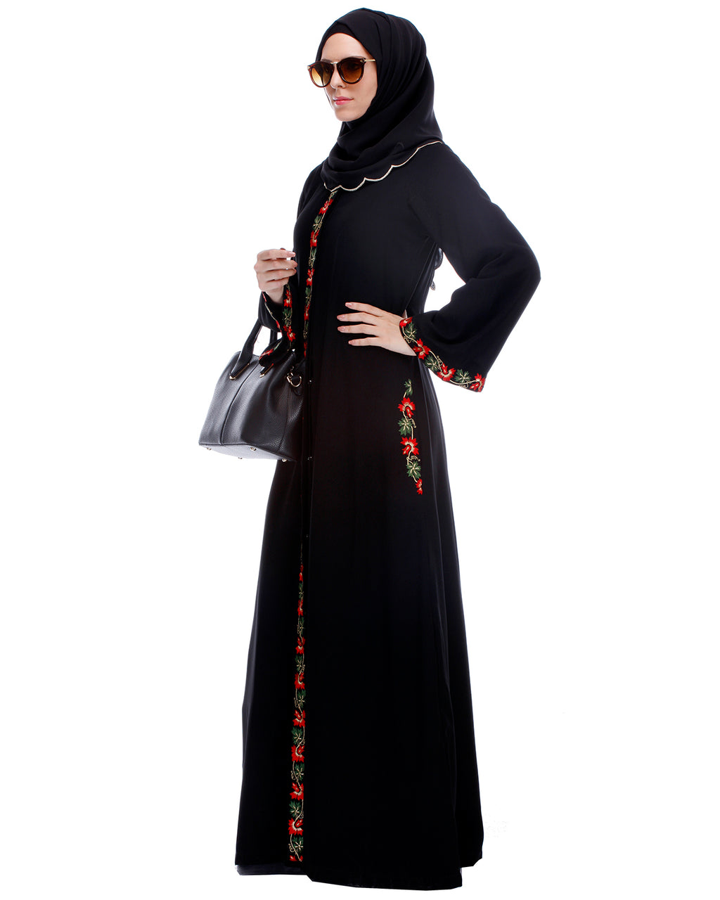 Black Abaya With Multi Coloured Thread Vertical Embroidery Black