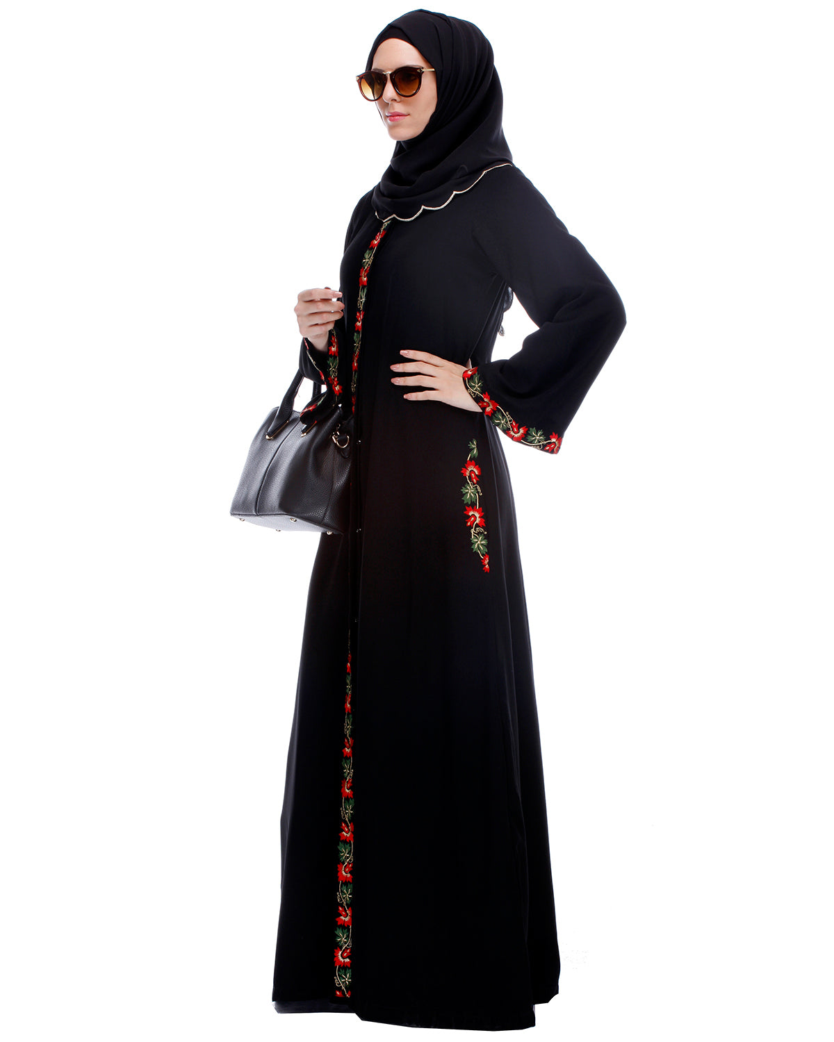Black Abaya With Multi Coloured Thread Vertical Embroidery Black
