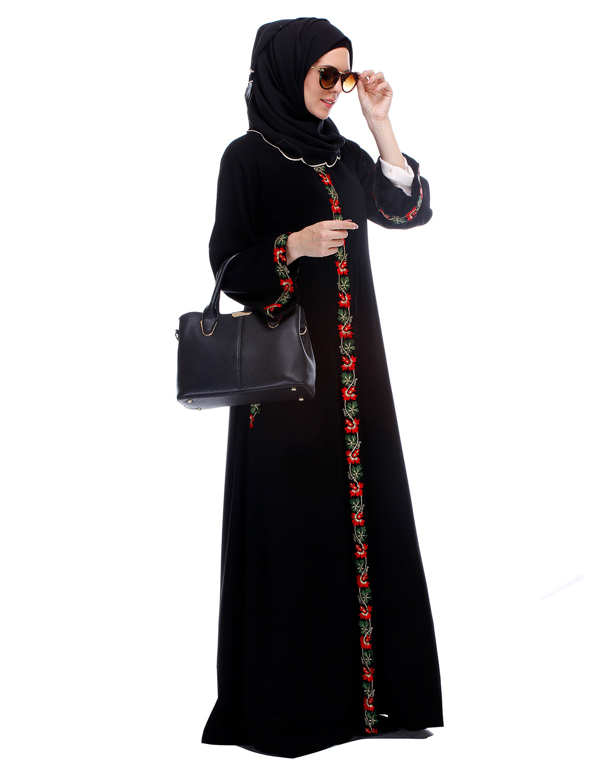 Black Abaya With Multi Coloured Thread Vertical Embroidery Black