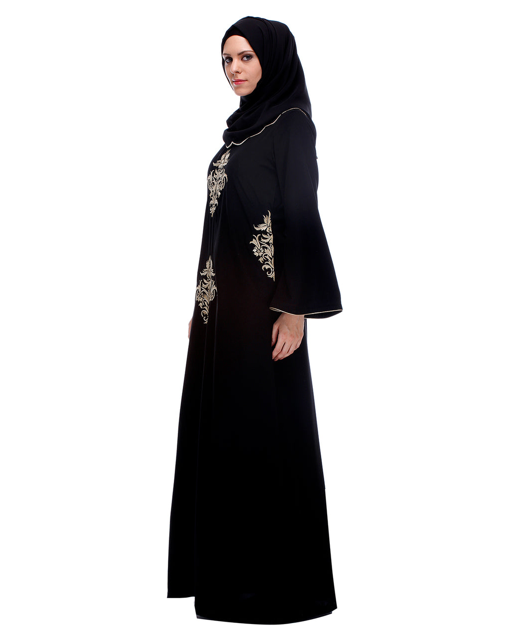 Black Abaya With Gold Zari Embroidery Black