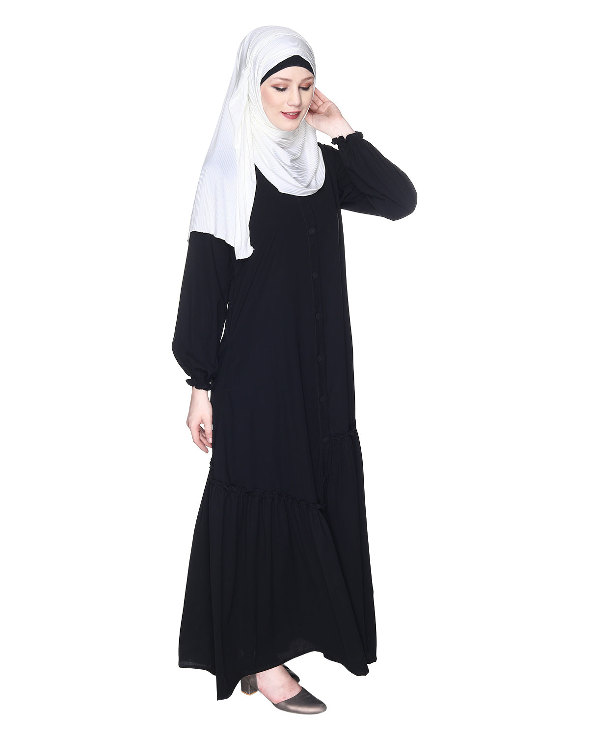 Chic Spiral Abaya With Frills Black
