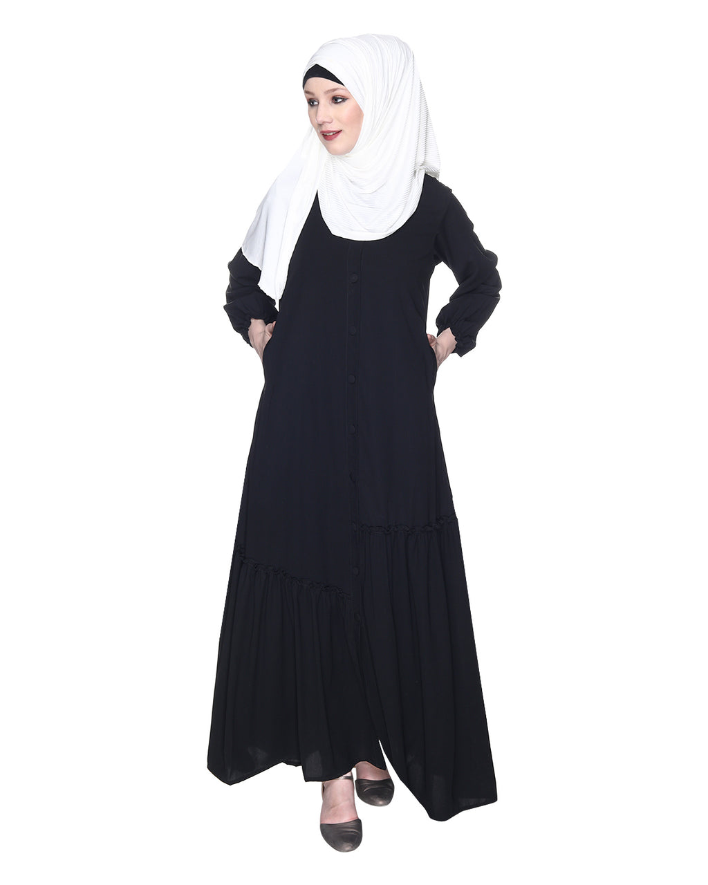Chic Spiral Abaya With Frills Black