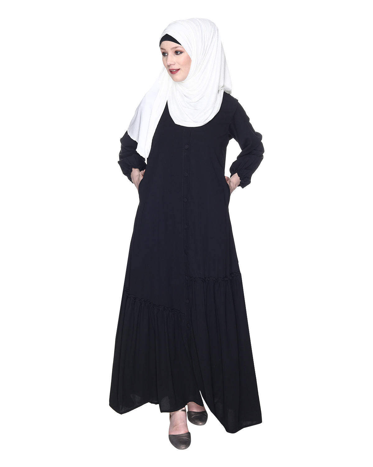 Chic Spiral Abaya With Frills Black