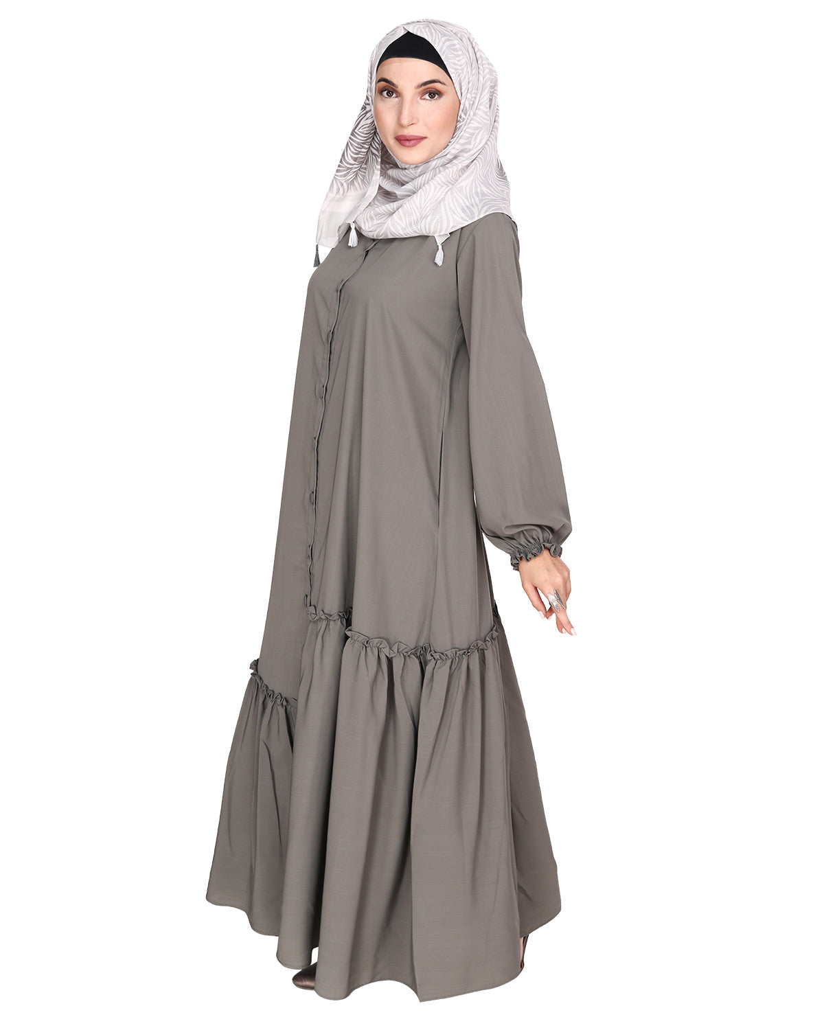 Chic Spiral Abaya With Frills Grey