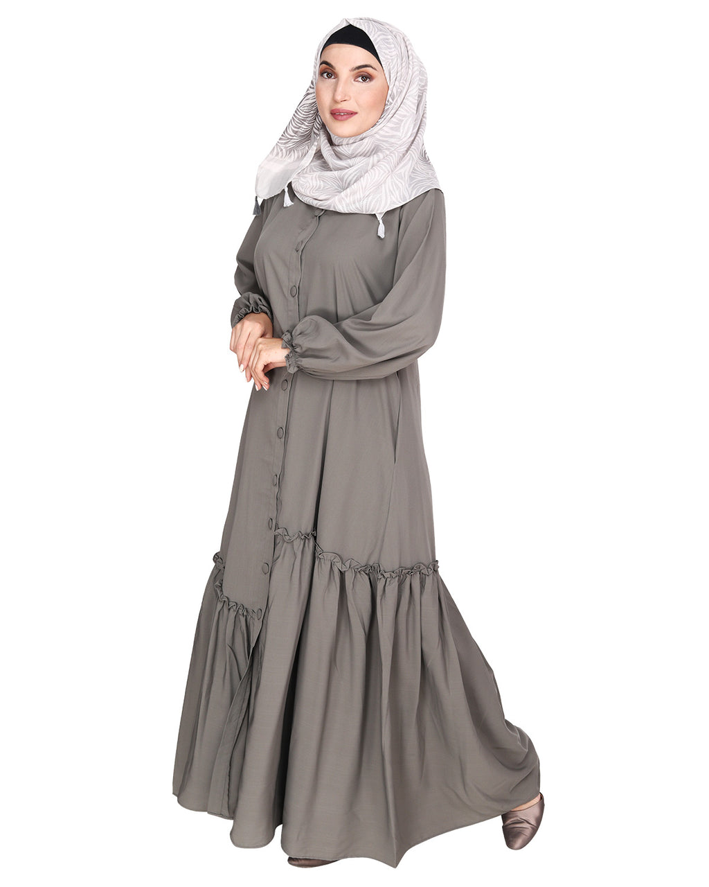 Chic Spiral Abaya With Frills Grey