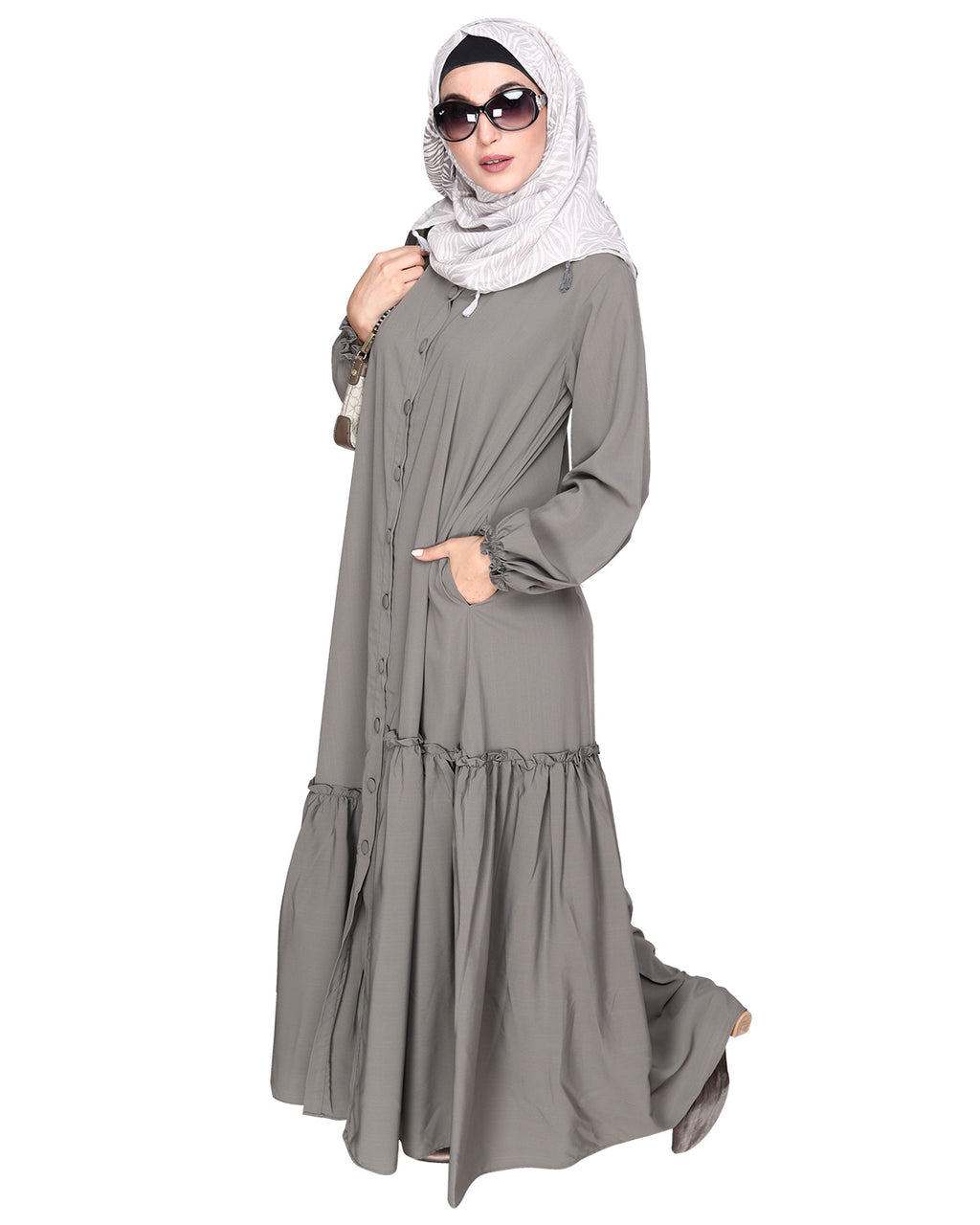 Chic Spiral Abaya With Frills Grey