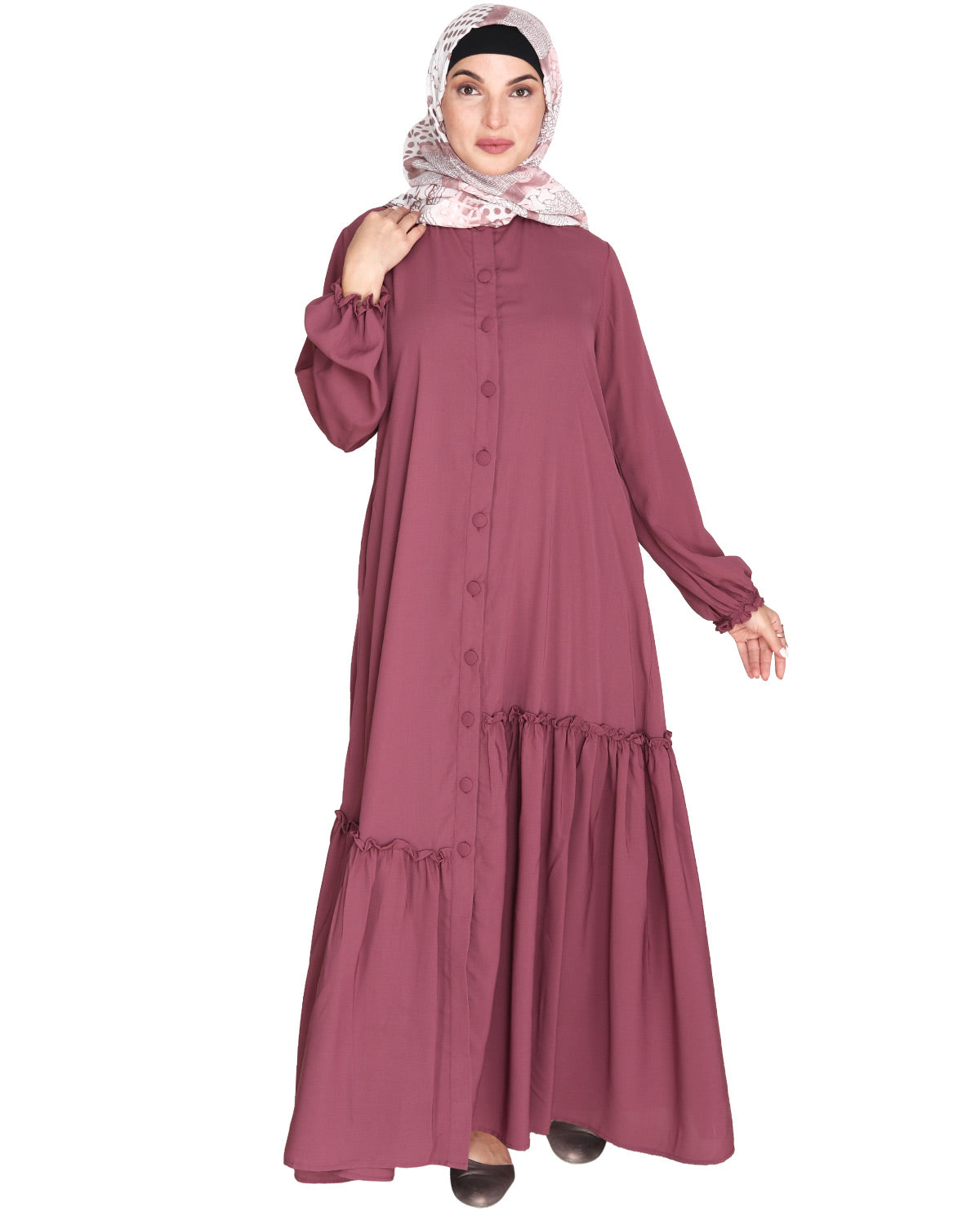 Chic Spiral Abaya With Frills Onion Pink