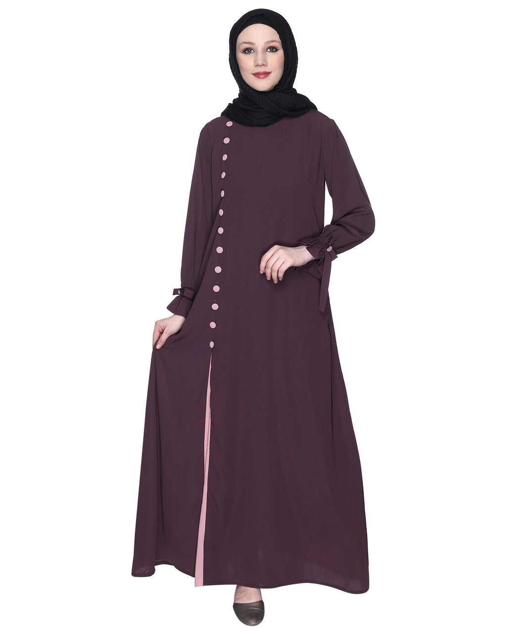 Sleek Looking Slit Style Abaya Purple Light Pink