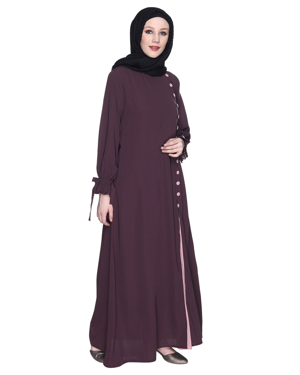 Sleek Looking Slit Style Abaya Purple Light Pink